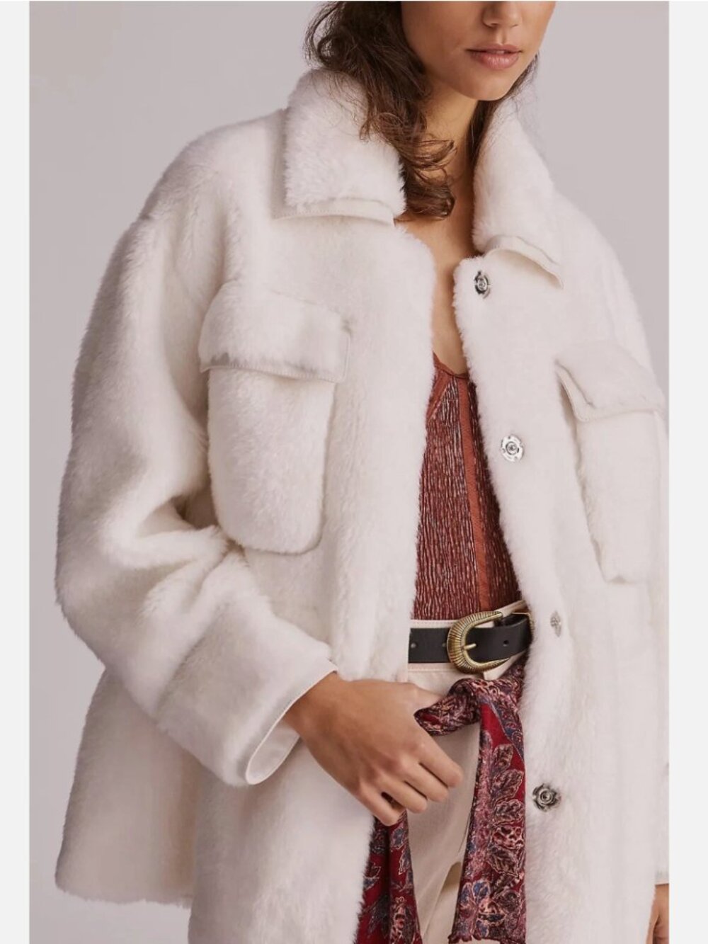 NWT Anthropologie Maeve Cinched Soft & Elegant Faux Fur Coat Jacket Ivory  2X